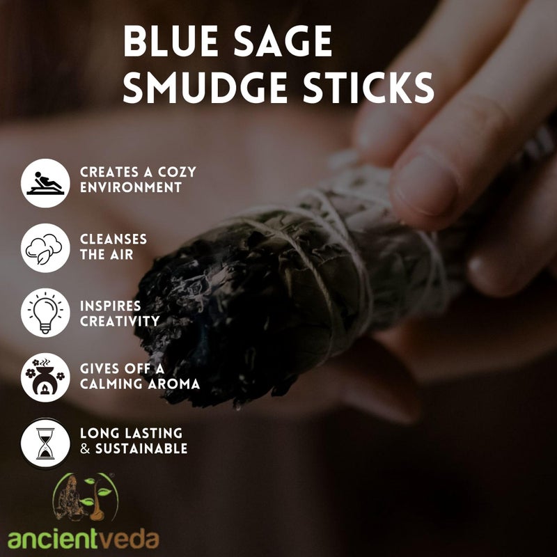 Ancientveda Ancient VEDA 4" Blue Sage Smudge Sticks 3-Pack | Organic, Hand-Tied for Cleansing, Yoga & Meditation | Floral Ambiance, Remove Negative Energy | Starter Guide - Image 4